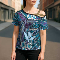 Personalised Hawaii Tribal Humpback Whale Cross Shoulder Shirt Polu Hibiscus Seamless Pattern