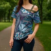 Personalised Hawaii Tribal Humpback Whale Cross Shoulder Shirt Polu Hibiscus Seamless Pattern
