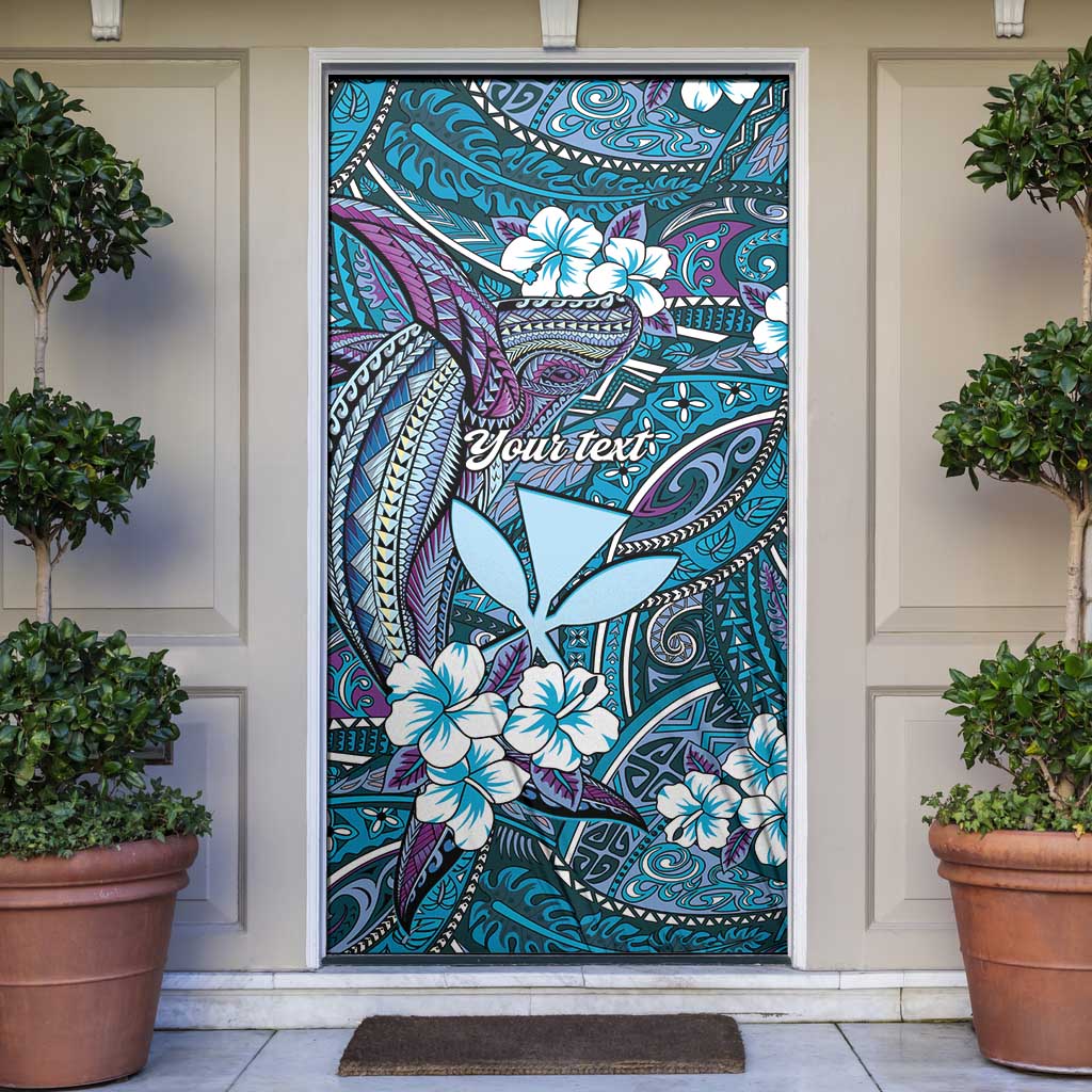 Personalised Hawaii Tribal Humpback Whale Door Cover Polu Hibiscus Seamless Pattern LT9 Blue - Polynesian Pride