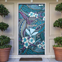 Personalised Hawaii Tribal Humpback Whale Door Cover Polu Hibiscus Seamless Pattern LT9 Blue - Polynesian Pride