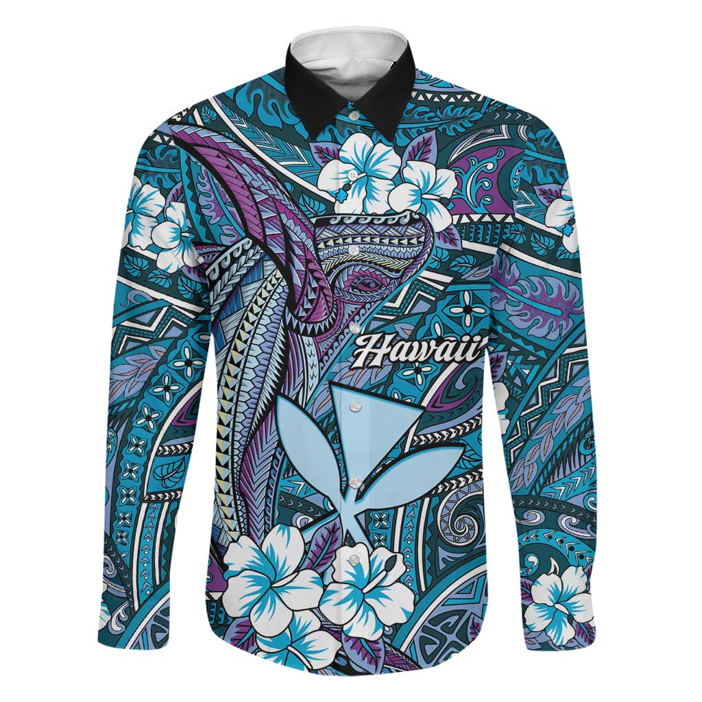 Personalised Hawaii Tribal Humpback Whale Family Matching Long Sleeve Bodycon Dress and Hawaiian Shirt Polu Hibiscus Seamless Pattern