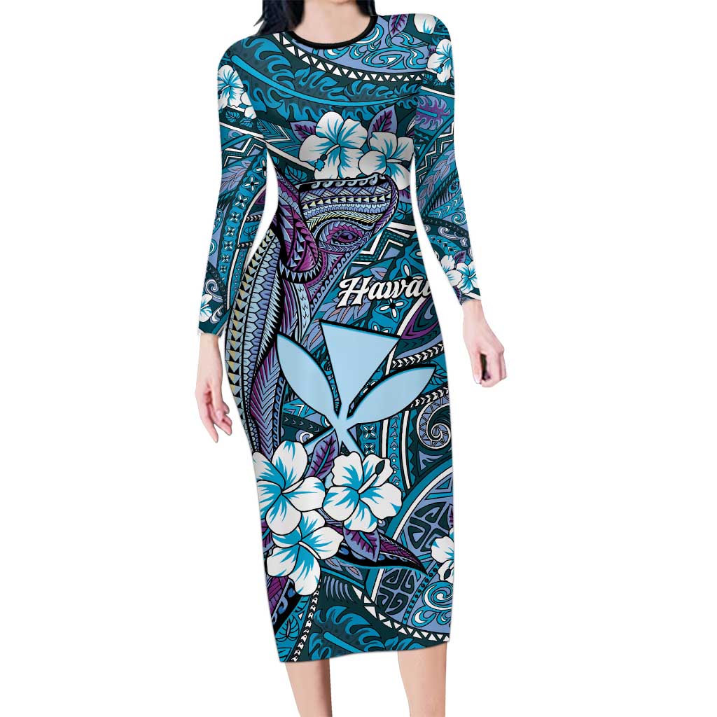 Personalised Hawaii Tribal Humpback Whale Family Matching Long Sleeve Bodycon Dress and Hawaiian Shirt Polu Hibiscus Seamless Pattern