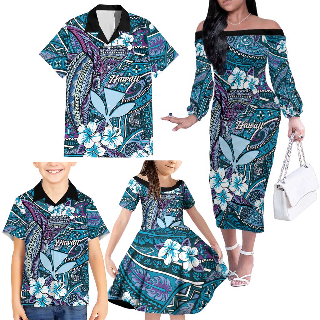 Personalised Hawaii Tribal Humpback Whale Family Matching Off The Shoulder Long Sleeve Dress and Hawaiian Shirt Polu Hibiscus Seamless Pattern LT9 - Polynesian Pride