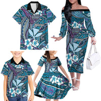 Personalised Hawaii Tribal Humpback Whale Family Matching Off The Shoulder Long Sleeve Dress and Hawaiian Shirt Polu Hibiscus Seamless Pattern