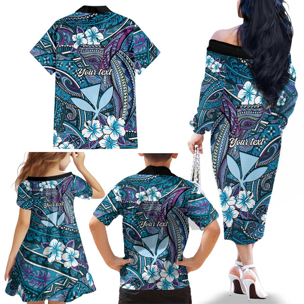 Personalised Hawaii Tribal Humpback Whale Family Matching Off The Shoulder Long Sleeve Dress and Hawaiian Shirt Polu Hibiscus Seamless Pattern