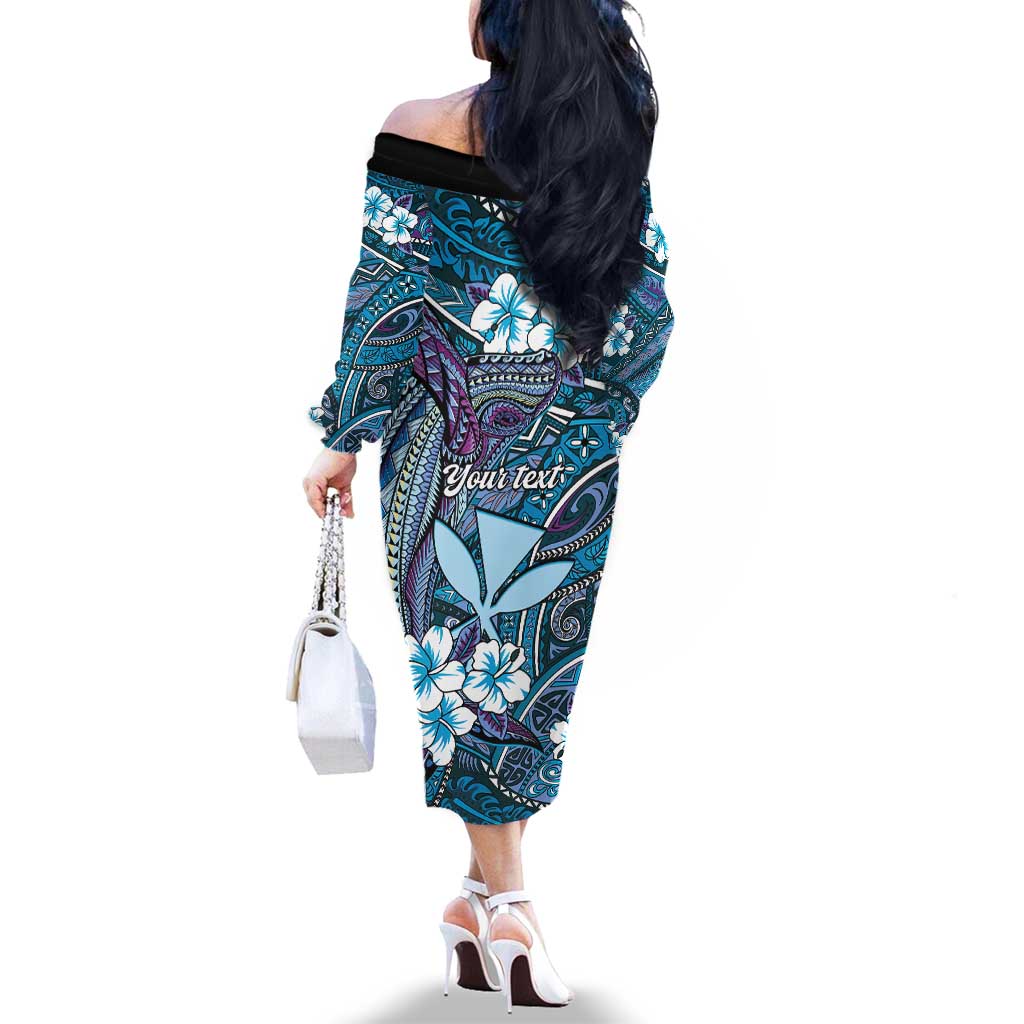 Personalised Hawaii Tribal Humpback Whale Family Matching Off The Shoulder Long Sleeve Dress and Hawaiian Shirt Polu Hibiscus Seamless Pattern