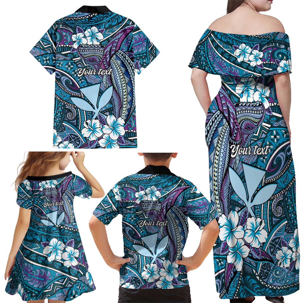 Personalised Hawaii Tribal Humpback Whale Family Matching Off Shoulder Maxi Dress and Hawaiian Shirt Polu Hibiscus Seamless Pattern