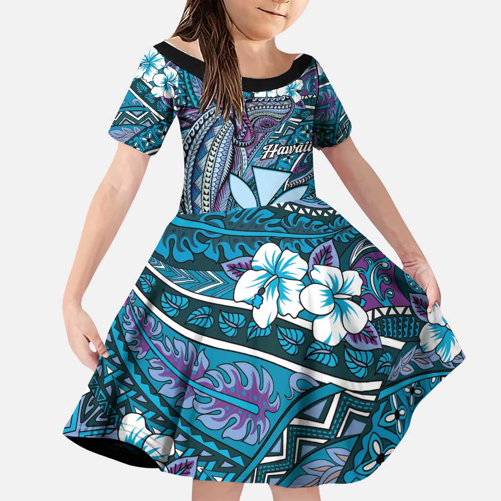 Personalised Hawaii Tribal Humpback Whale Family Matching Off Shoulder Short Dress and Hawaiian Shirt Polu Hibiscus Seamless Pattern