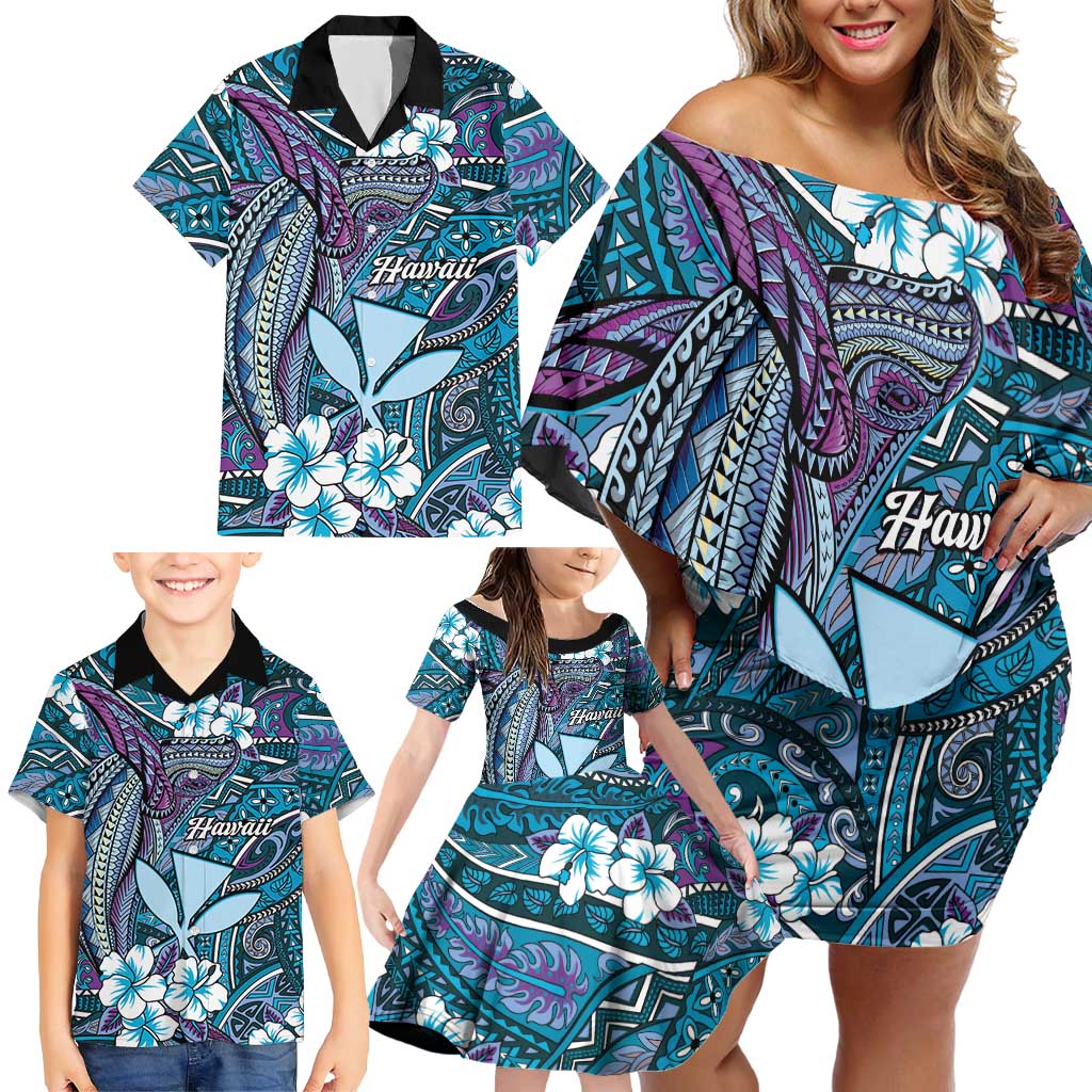 Personalised Hawaii Tribal Humpback Whale Family Matching Off Shoulder Short Dress and Hawaiian Shirt Polu Hibiscus Seamless Pattern LT9 - Polynesian Pride
