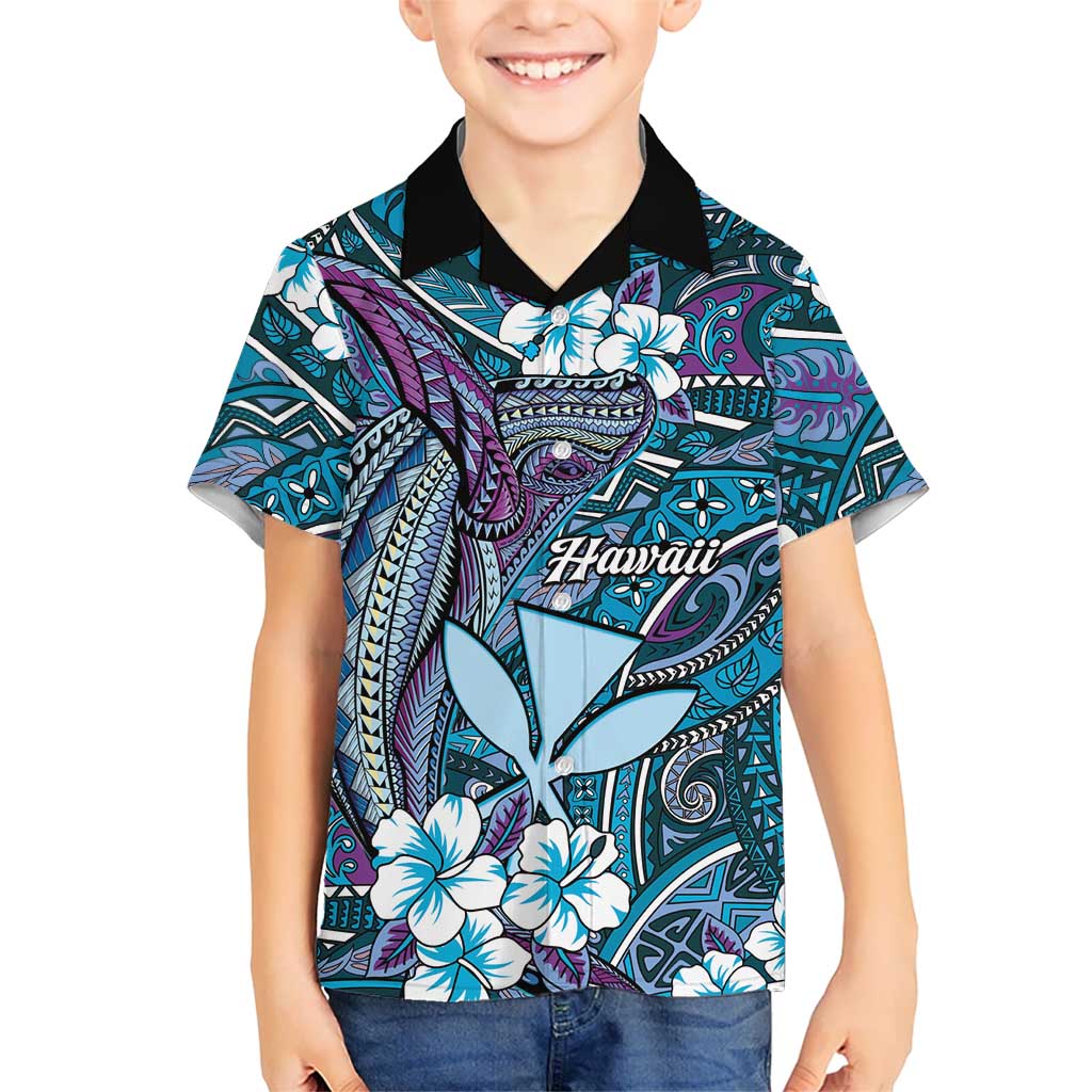 Personalised Hawaii Tribal Humpback Whale Family Matching Off Shoulder Short Dress and Hawaiian Shirt Polu Hibiscus Seamless Pattern