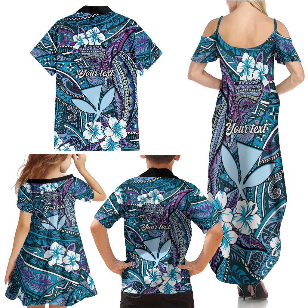Personalised Hawaii Tribal Humpback Whale Family Matching Summer Maxi Dress and Hawaiian Shirt Polu Hibiscus Seamless Pattern