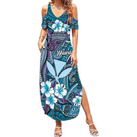 Personalised Hawaii Tribal Humpback Whale Family Matching Summer Maxi Dress and Hawaiian Shirt Polu Hibiscus Seamless Pattern