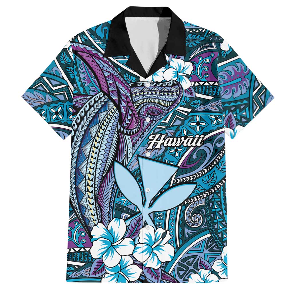 Personalised Hawaii Tribal Humpback Whale Hawaiian Shirt Polu Hibiscus Seamless Pattern LT9 Blue - Polynesian Pride