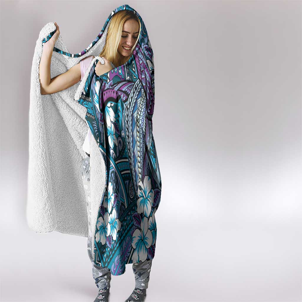 Personalised Hawaii Tribal Humpback Whale Hooded Blanket Polu Hibiscus Seamless Pattern LT9 - Polynesian Pride