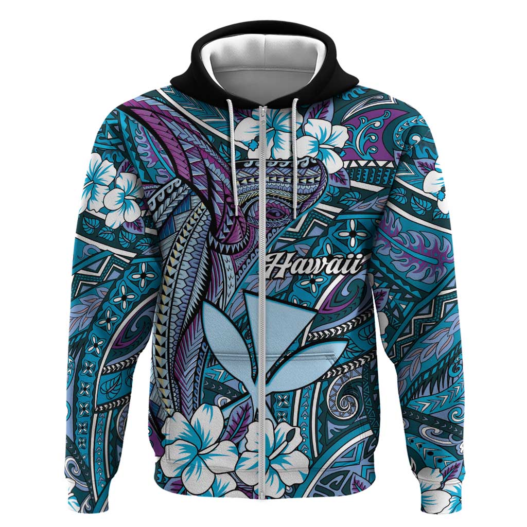 Personalised Hawaii Tribal Humpback Whale Hoodie Polu Hibiscus Seamless Pattern LT9 Zip Hoodie Blue - Polynesian Pride