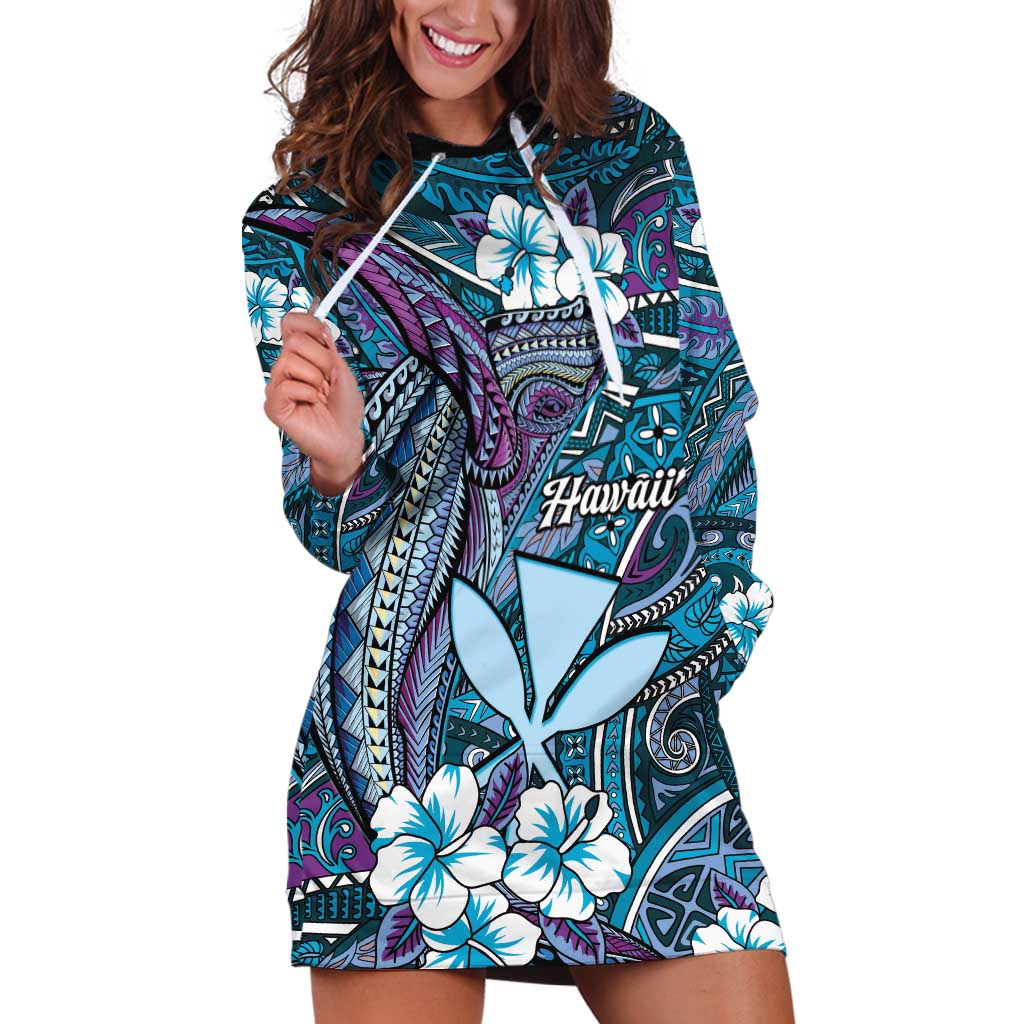 Personalised Hawaii Tribal Humpback Whale Hoodie Dress Polu Hibiscus Seamless Pattern LT9 Blue - Polynesian Pride