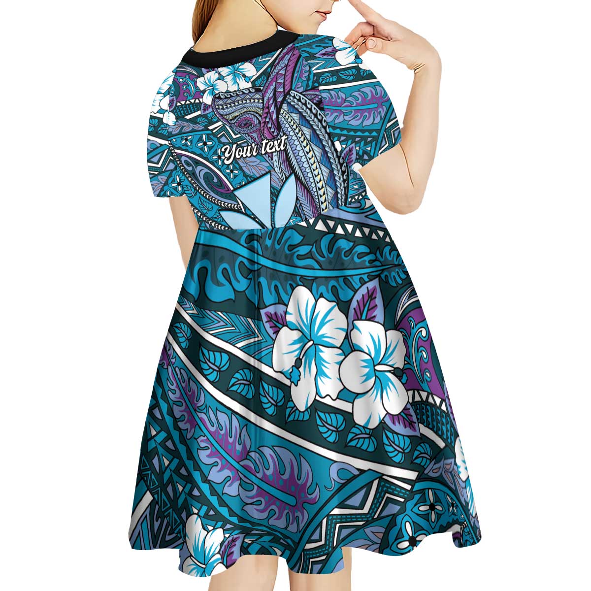 Personalised Hawaii Tribal Humpback Whale Kid Short Sleeve Dress Polu Hibiscus Seamless Pattern LT9 - Polynesian Pride