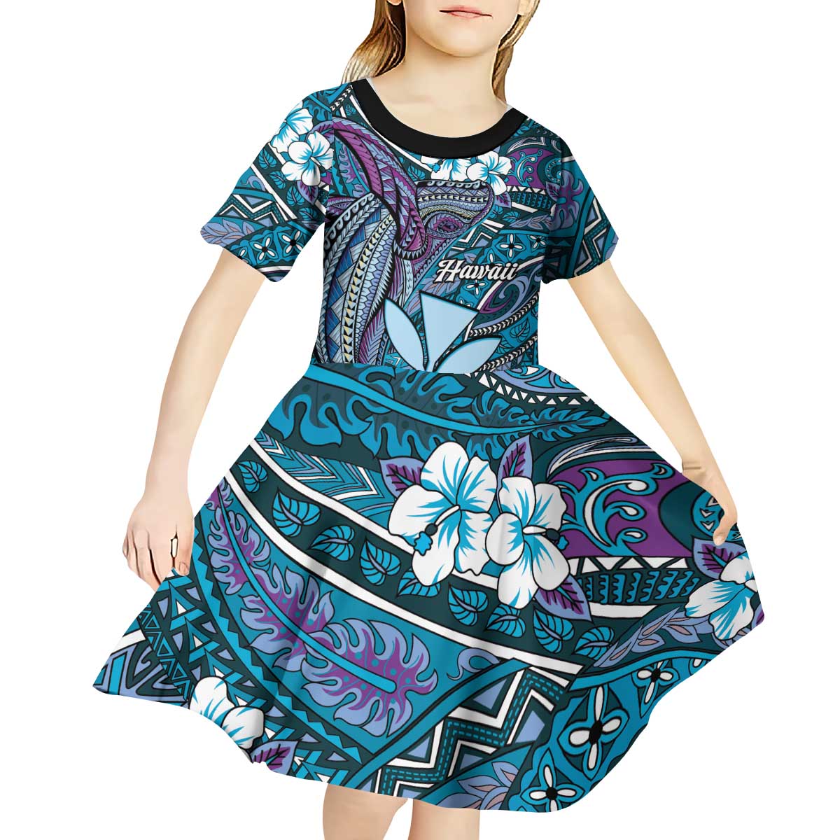 Personalised Hawaii Tribal Humpback Whale Kid Short Sleeve Dress Polu Hibiscus Seamless Pattern LT9 - Polynesian Pride