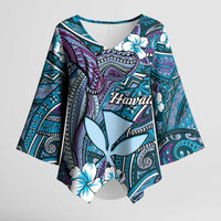 Personalised Hawaii Tribal Humpback Whale Kimono Sleeve Blouse Polu Hibiscus Seamless Pattern LT9 Female Blue - Polynesian Pride