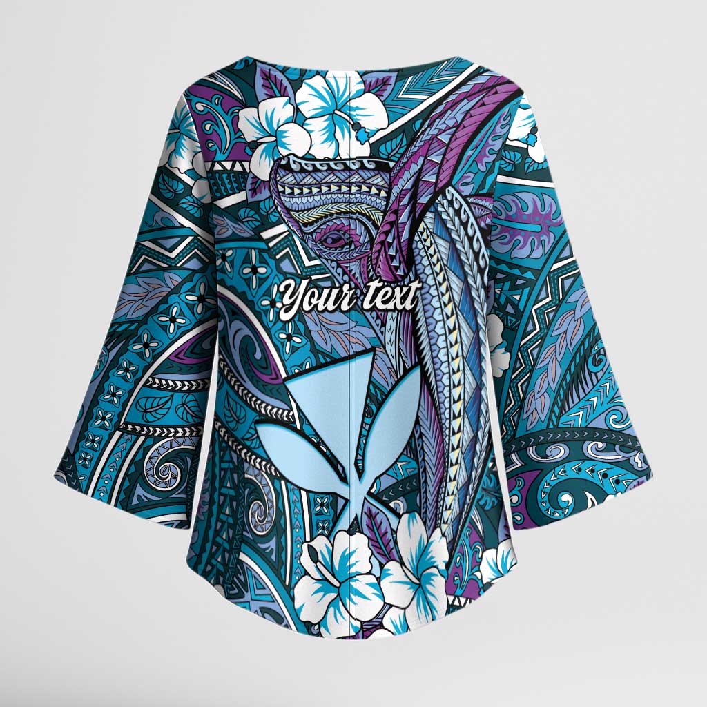 Personalised Hawaii Tribal Humpback Whale Kimono Sleeve Blouse Polu Hibiscus Seamless Pattern LT9 - Polynesian Pride
