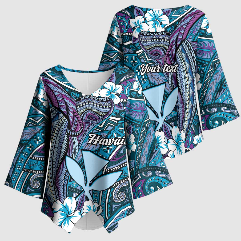 Personalised Hawaii Tribal Humpback Whale Kimono Sleeve Blouse Polu Hibiscus Seamless Pattern LT9 - Polynesian Pride