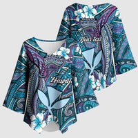 Personalised Hawaii Tribal Humpback Whale Kimono Sleeve Blouse Polu Hibiscus Seamless Pattern LT9 - Polynesian Pride