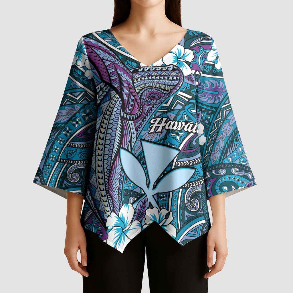 Personalised Hawaii Tribal Humpback Whale Kimono Sleeve Blouse Polu Hibiscus Seamless Pattern LT9 - Polynesian Pride
