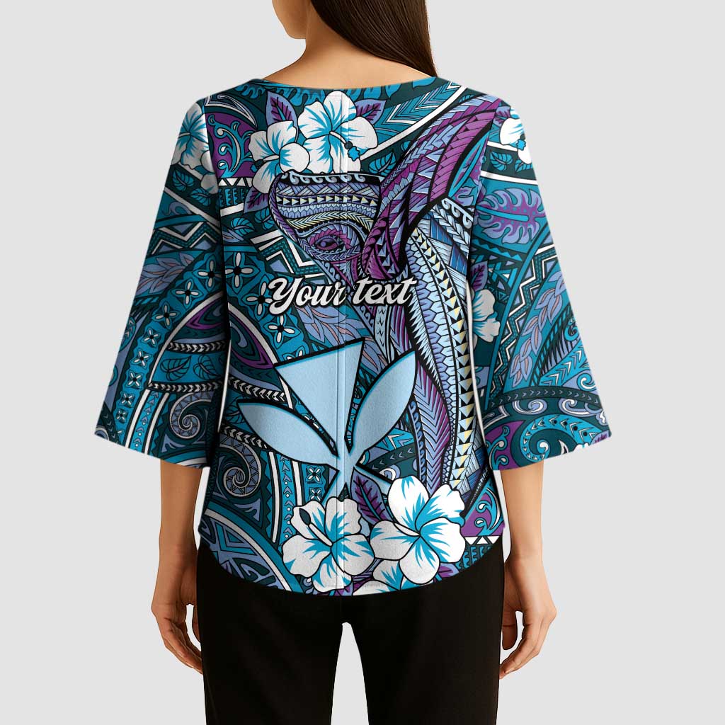 Personalised Hawaii Tribal Humpback Whale Kimono Sleeve Blouse Polu Hibiscus Seamless Pattern LT9 - Polynesian Pride