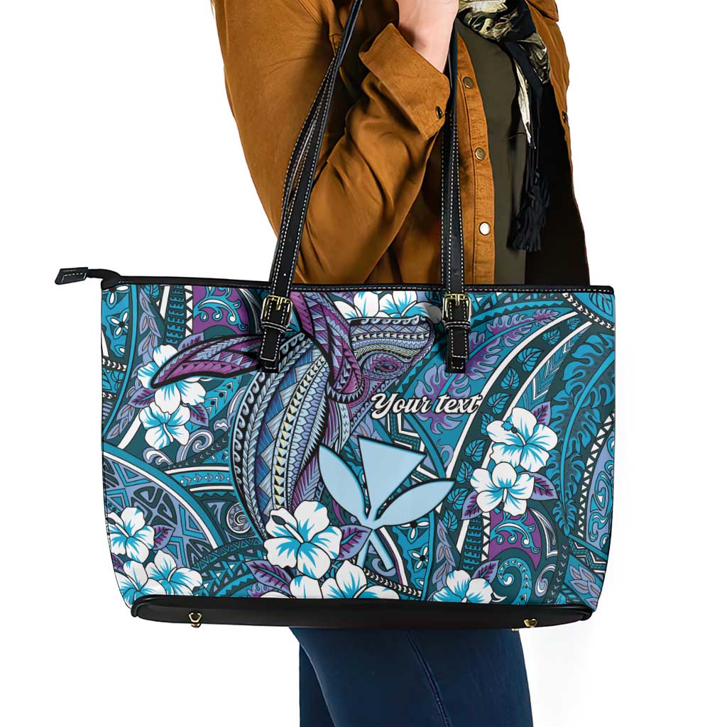 Personalised Hawaii Tribal Humpback Whale Leather Tote Bag Polu Hibiscus Seamless Pattern LT9 - Polynesian Pride