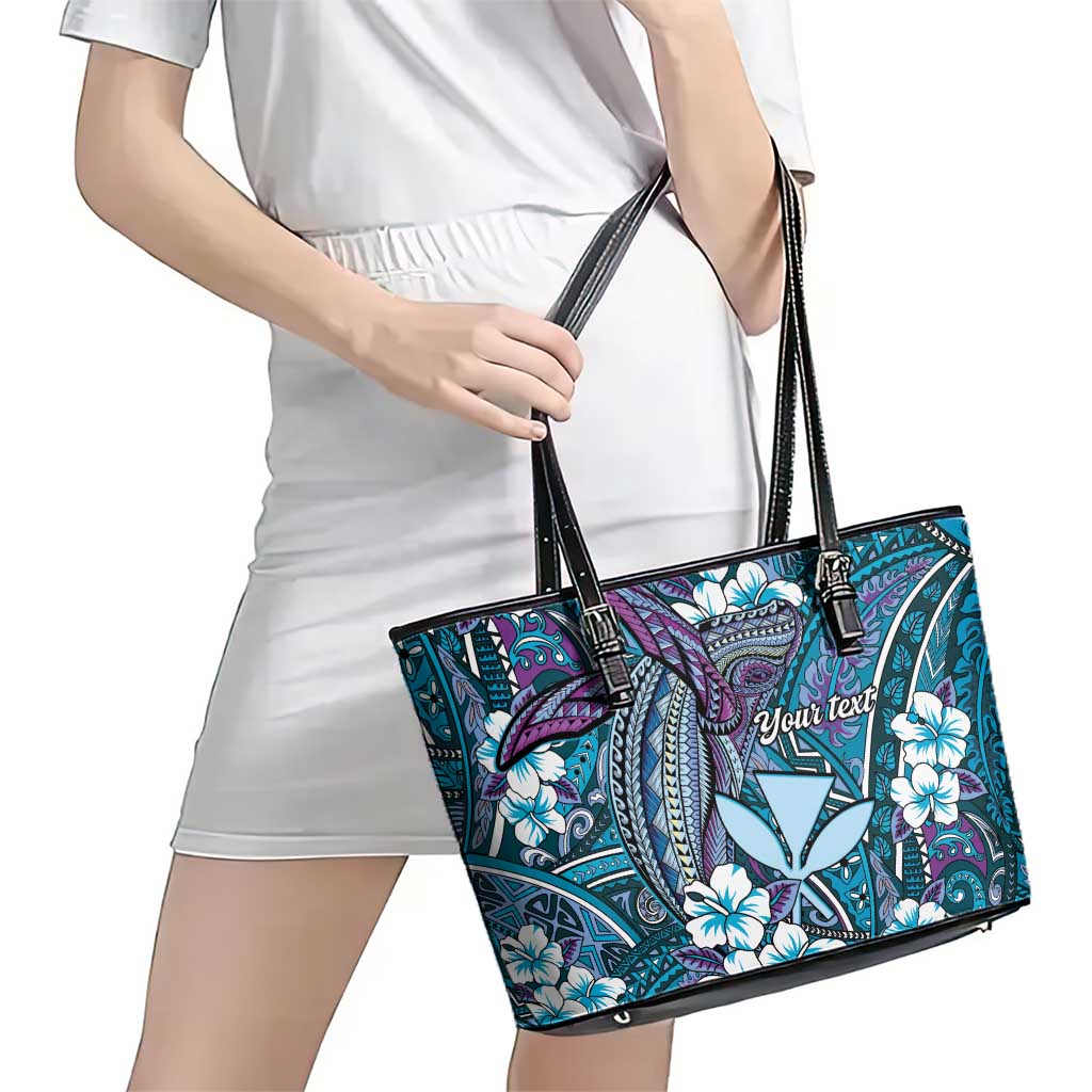 Personalised Hawaii Tribal Humpback Whale Leather Tote Bag Polu Hibiscus Seamless Pattern LT9 - Polynesian Pride