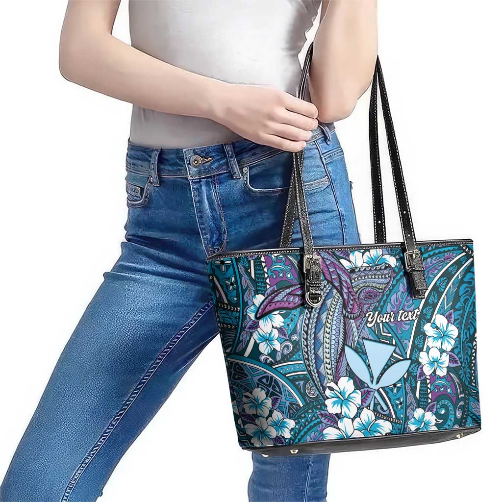 Personalised Hawaii Tribal Humpback Whale Leather Tote Bag Polu Hibiscus Seamless Pattern LT9 - Polynesian Pride