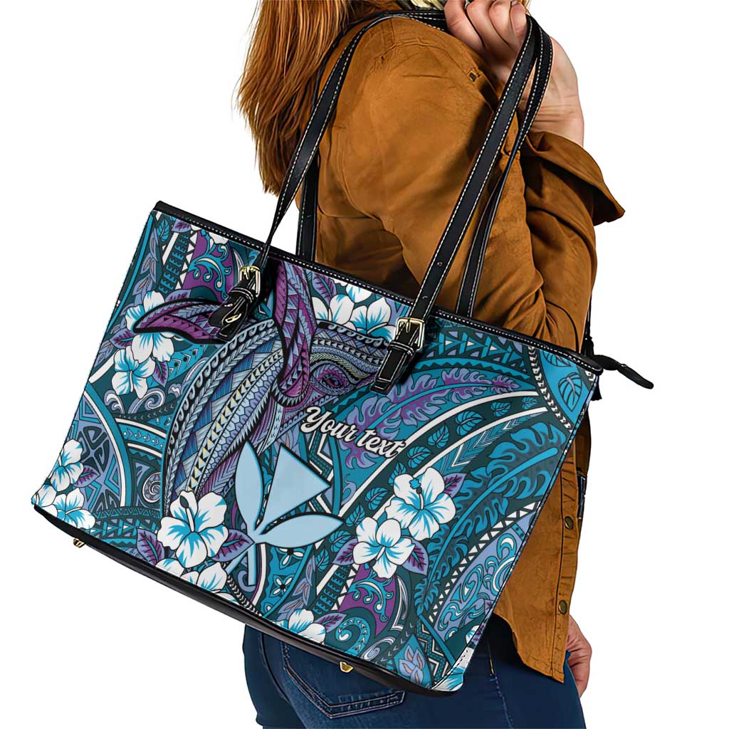 Personalised Hawaii Tribal Humpback Whale Leather Tote Bag Polu Hibiscus Seamless Pattern LT9 - Polynesian Pride