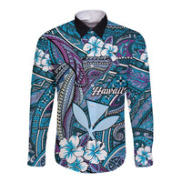 Personalised Hawaii Tribal Humpback Whale Long Sleeve Button Shirt Polu Hibiscus Seamless Pattern LT9 Unisex Blue - Polynesian Pride