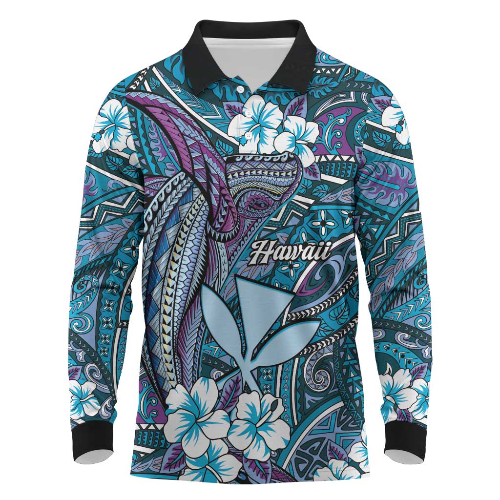 Personalised Hawaii Tribal Humpback Whale Long Sleeve Polo Shirt Polu Hibiscus Seamless Pattern LT9 Blue - Polynesian Pride