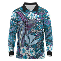 Personalised Hawaii Tribal Humpback Whale Long Sleeve Polo Shirt Polu Hibiscus Seamless Pattern LT9 Blue - Polynesian Pride