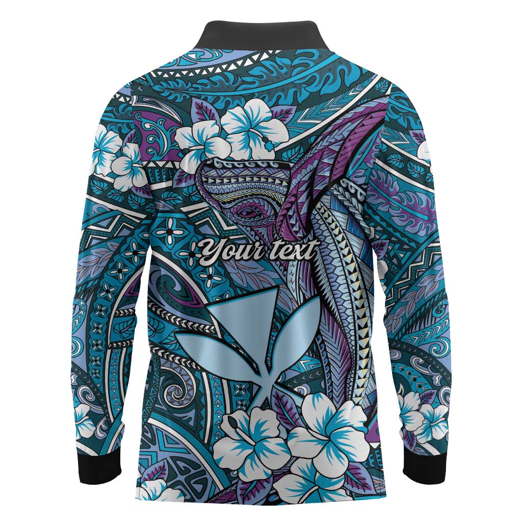 Personalised Hawaii Tribal Humpback Whale Long Sleeve Polo Shirt Polu Hibiscus Seamless Pattern LT9 - Polynesian Pride