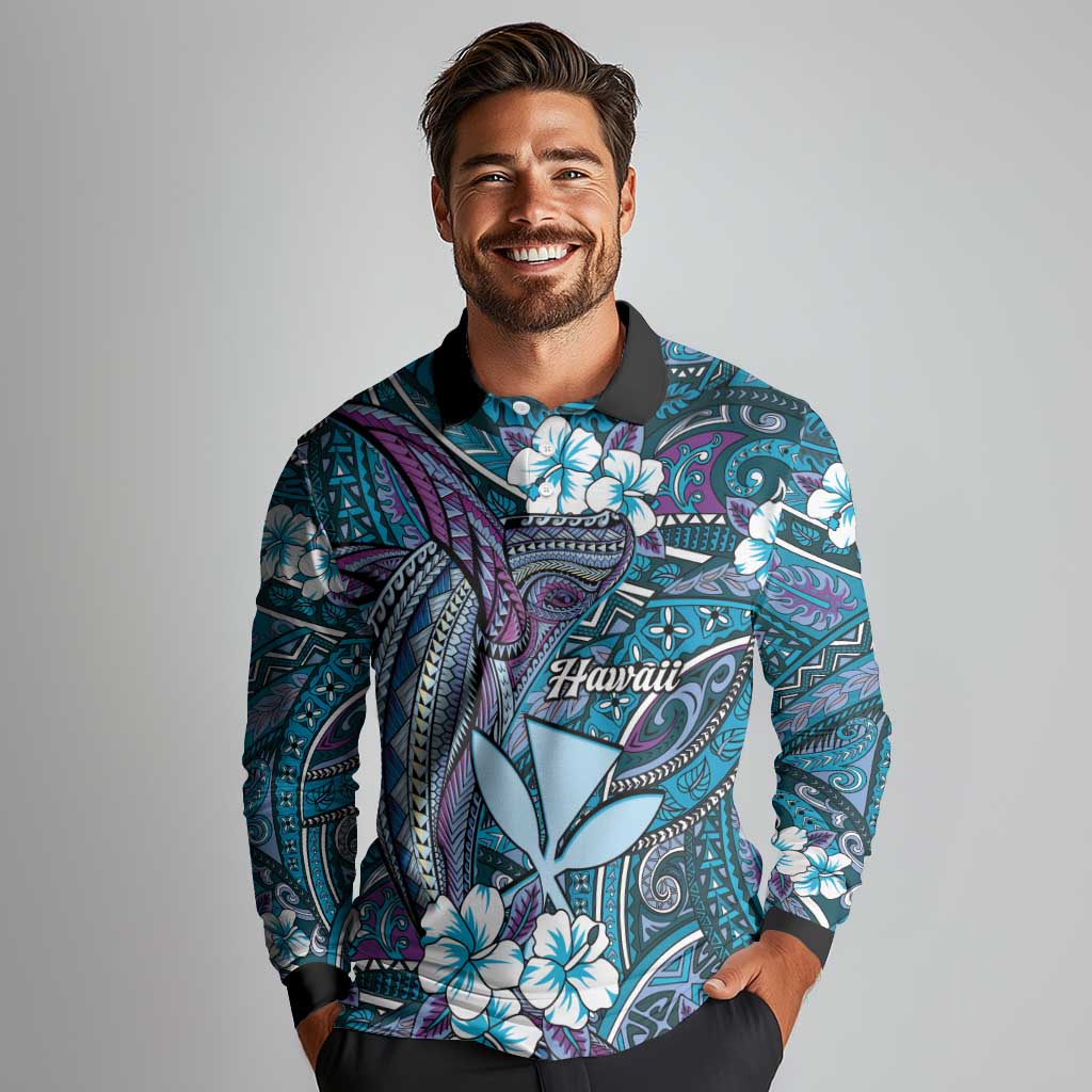 Personalised Hawaii Tribal Humpback Whale Long Sleeve Polo Shirt Polu Hibiscus Seamless Pattern LT9 - Polynesian Pride