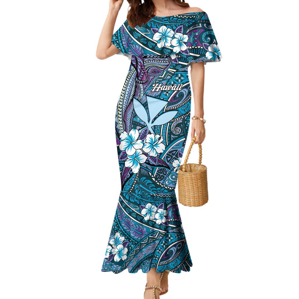 Personalised Hawaii Tribal Humpback Whale Mermaid Dress Polu Hibiscus Seamless Pattern LT9 Women Blue - Polynesian Pride