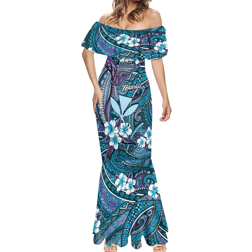 Personalised Hawaii Tribal Humpback Whale Mermaid Dress Polu Hibiscus Seamless Pattern LT9 - Polynesian Pride