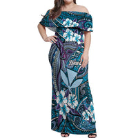Personalised Hawaii Tribal Humpback Whale Off Shoulder Maxi Dress Polu Hibiscus Seamless Pattern