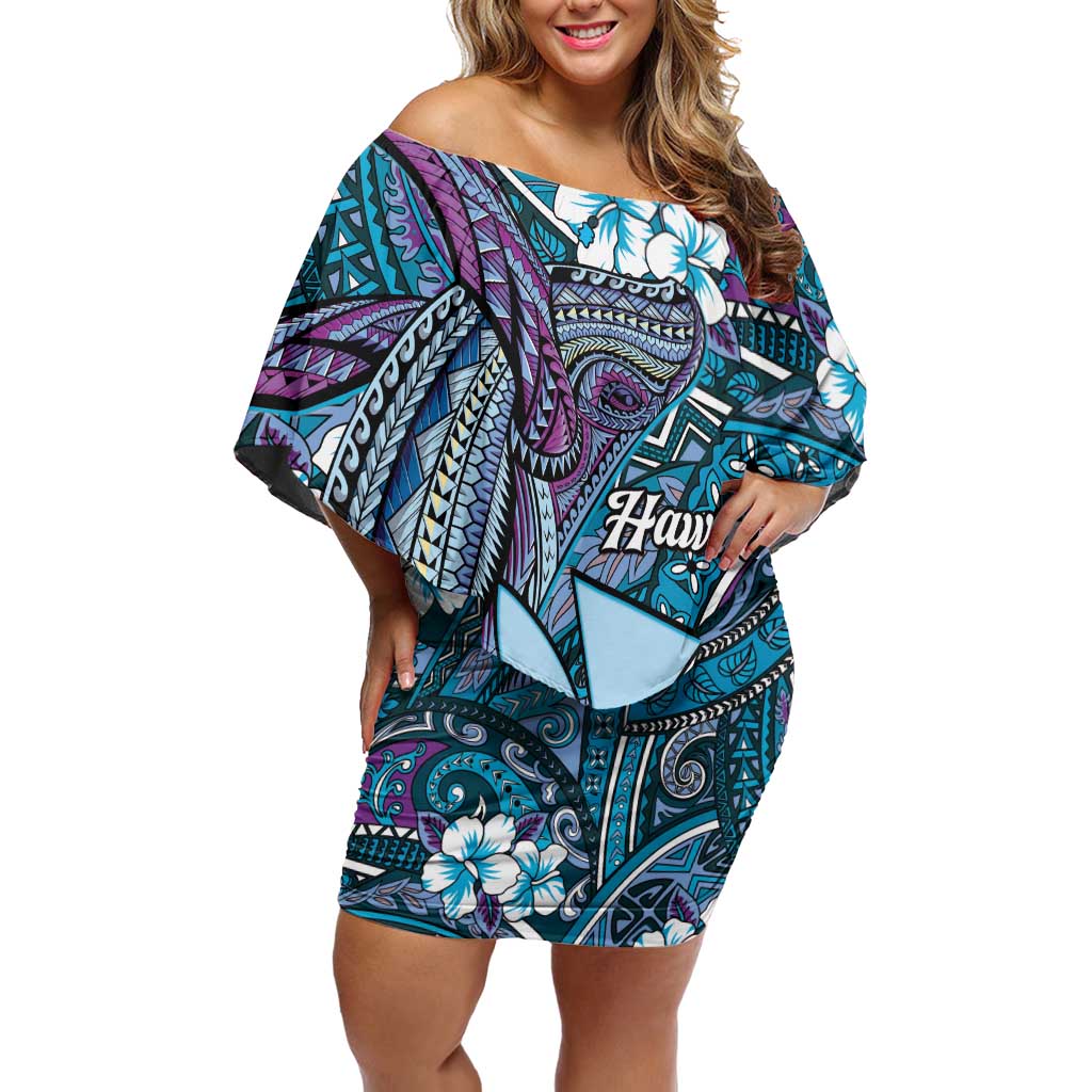 Personalised Hawaii Tribal Humpback Whale Off Shoulder Short Dress Polu Hibiscus Seamless Pattern