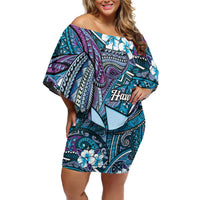 Personalised Hawaii Tribal Humpback Whale Off Shoulder Short Dress Polu Hibiscus Seamless Pattern LT9 Women Blue - Polynesian Pride