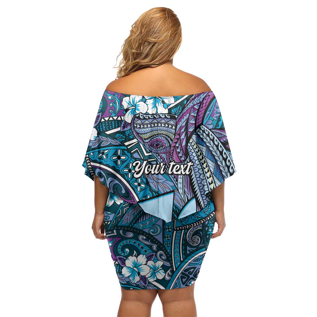 Personalised Hawaii Tribal Humpback Whale Off Shoulder Short Dress Polu Hibiscus Seamless Pattern LT9 - Polynesian Pride