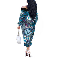 Personalised Hawaii Tribal Humpback Whale Off The Shoulder Long Sleeve Dress Polu Hibiscus Seamless Pattern LT9 - Polynesian Pride