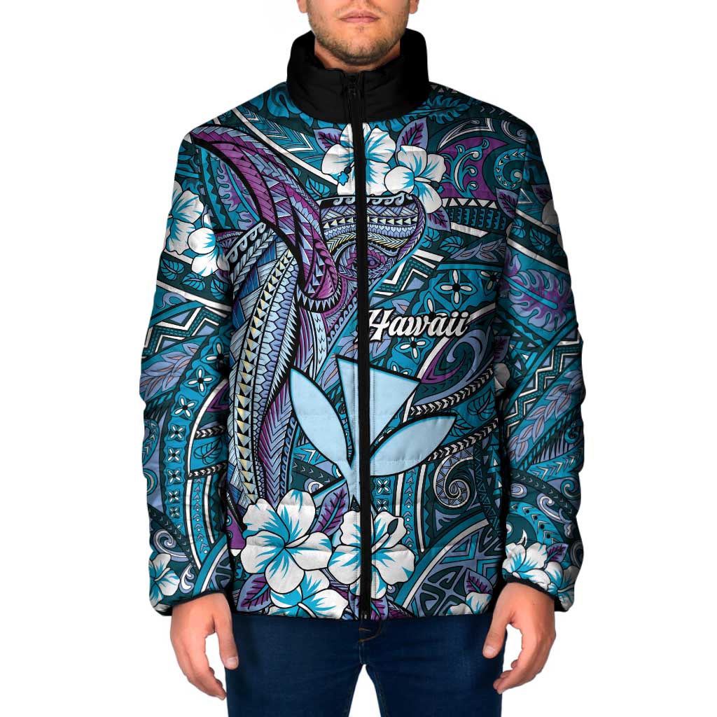Personalised Hawaii Tribal Humpback Whale Padded Jacket Polu Hibiscus Seamless Pattern LT9 Men Blue - Polynesian Pride