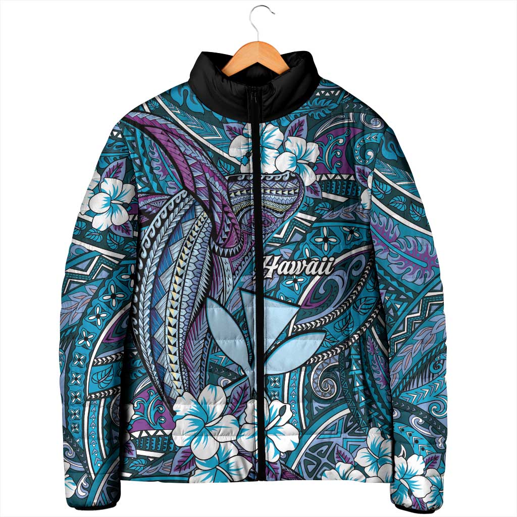 Personalised Hawaii Tribal Humpback Whale Padded Jacket Polu Hibiscus Seamless Pattern LT9 - Polynesian Pride