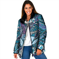 Personalised Hawaii Tribal Humpback Whale Padded Jacket Polu Hibiscus Seamless Pattern LT9 Women Blue - Polynesian Pride