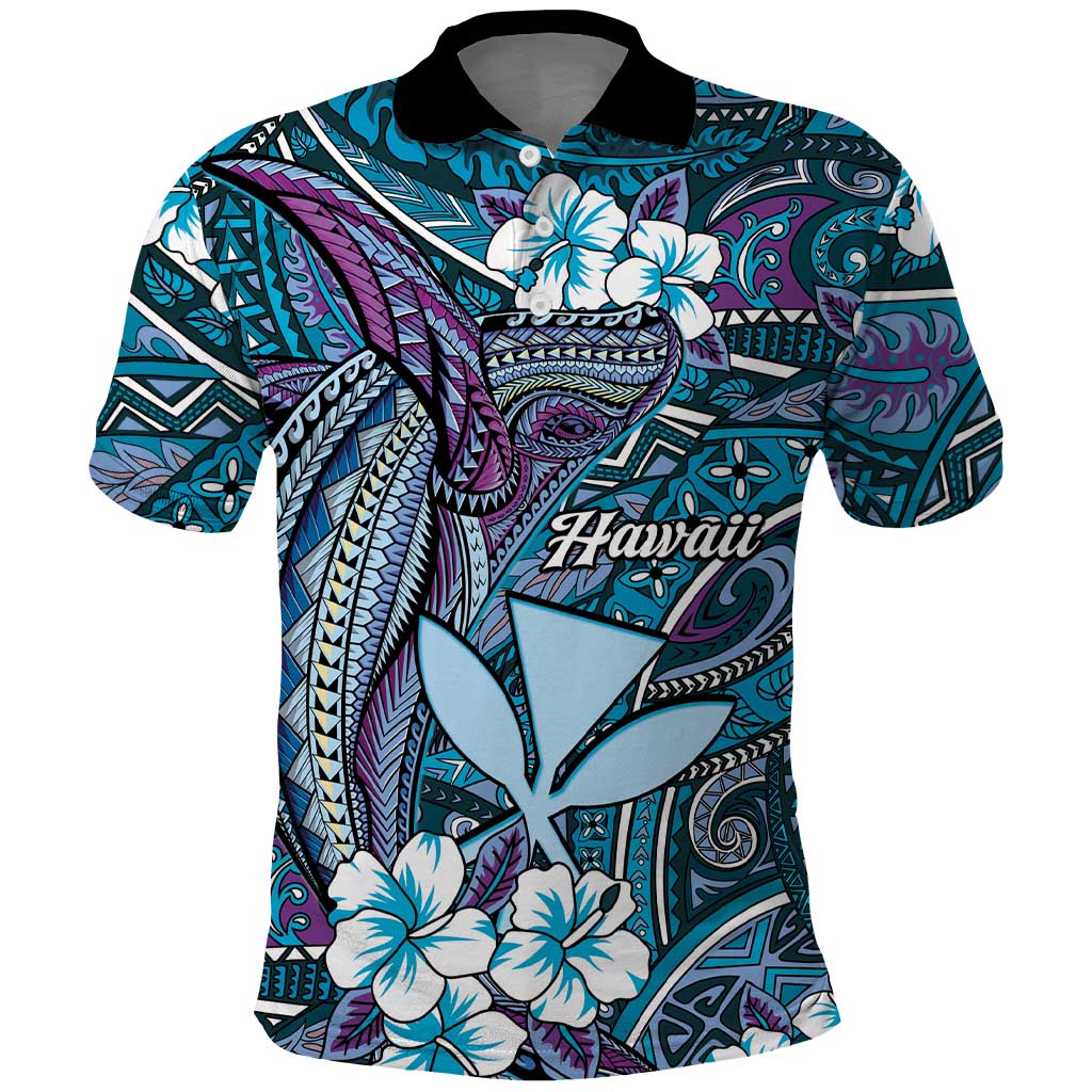 Personalised Hawaii Tribal Humpback Whale Polo Shirt Polu Hibiscus Seamless Pattern LT9 Blue - Polynesian Pride