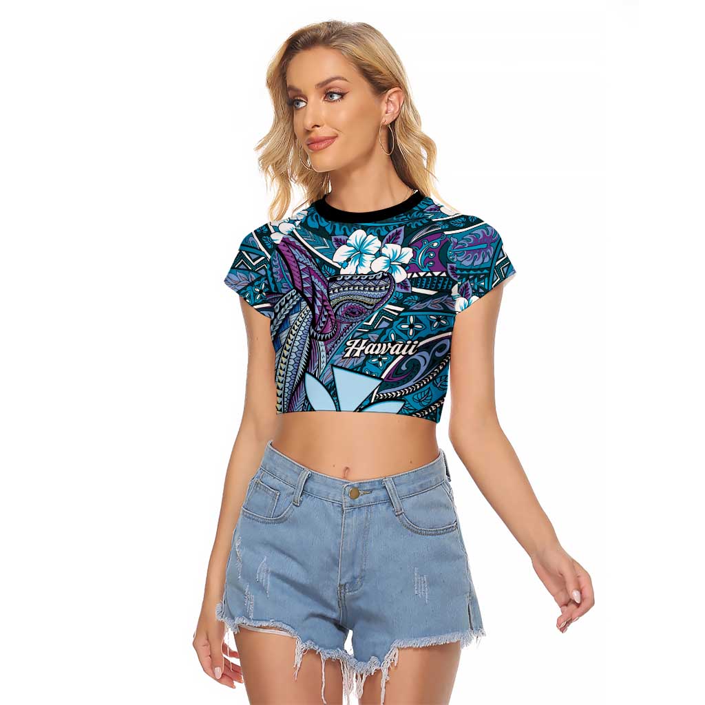 Personalised Hawaii Tribal Humpback Whale Raglan Cropped T Shirt Polu Hibiscus Seamless Pattern LT9 Female Blue - Polynesian Pride