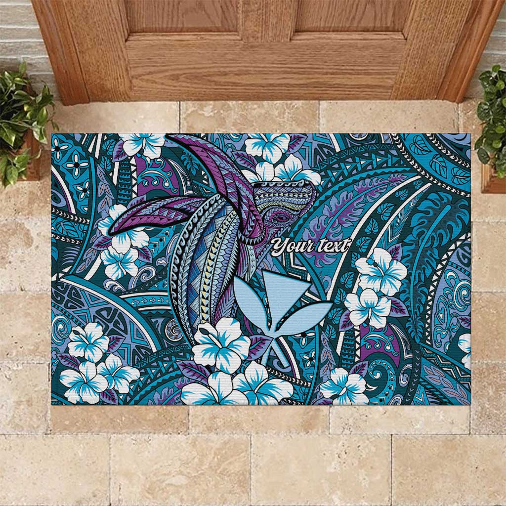 Personalised Hawaii Tribal Humpback Whale Rubber Doormat Polu Hibiscus Seamless Pattern